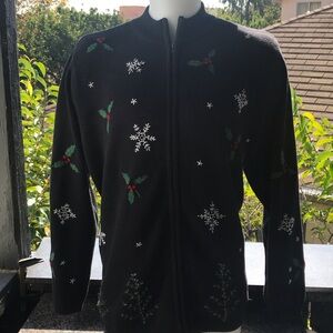 Charter Club Black Zip-Up Sweater with Festive Patterns